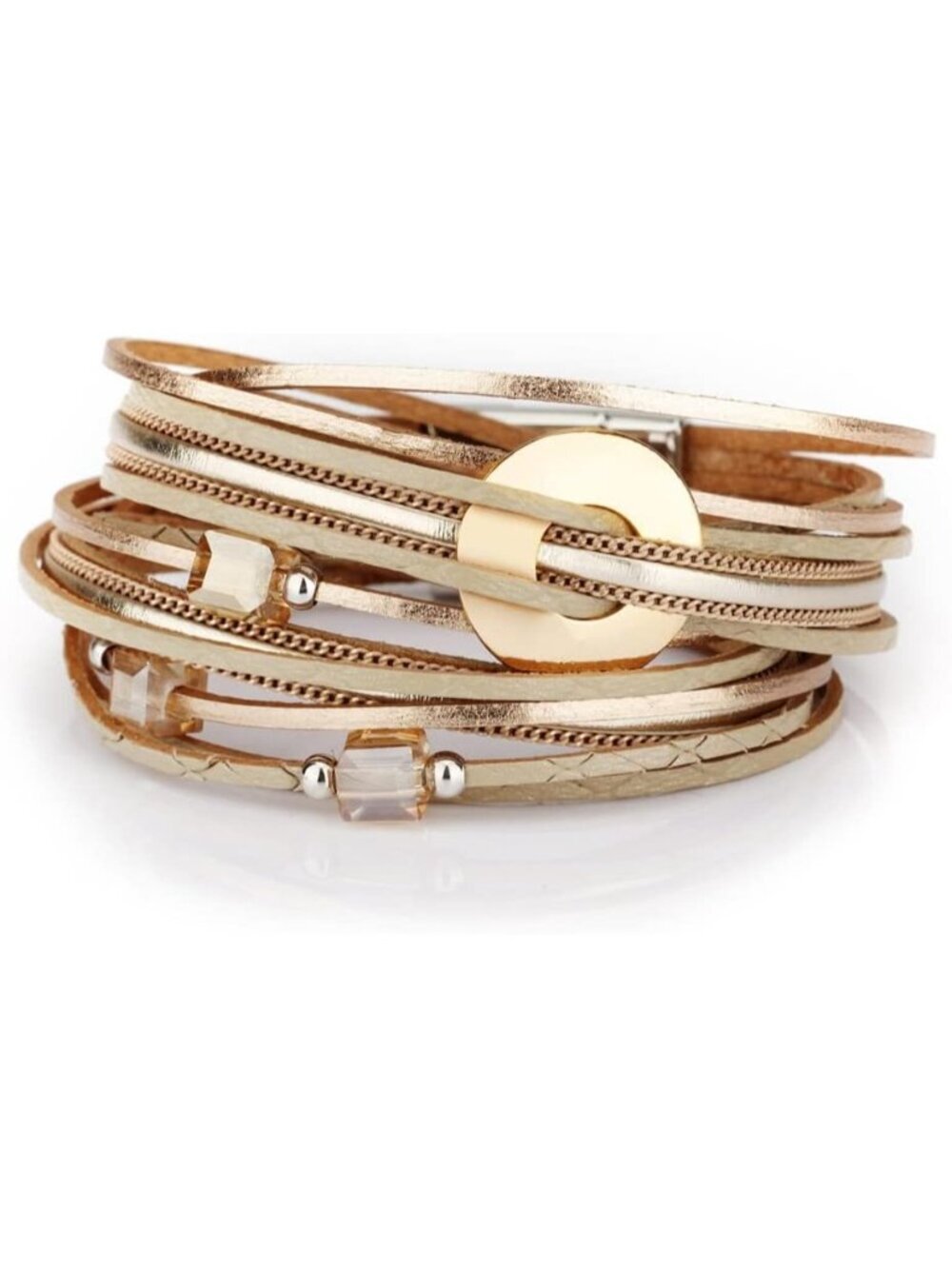 Women Disc Gold Leopard Multi Layer Crystal Beads Cuff Leather Wrap Bracelets